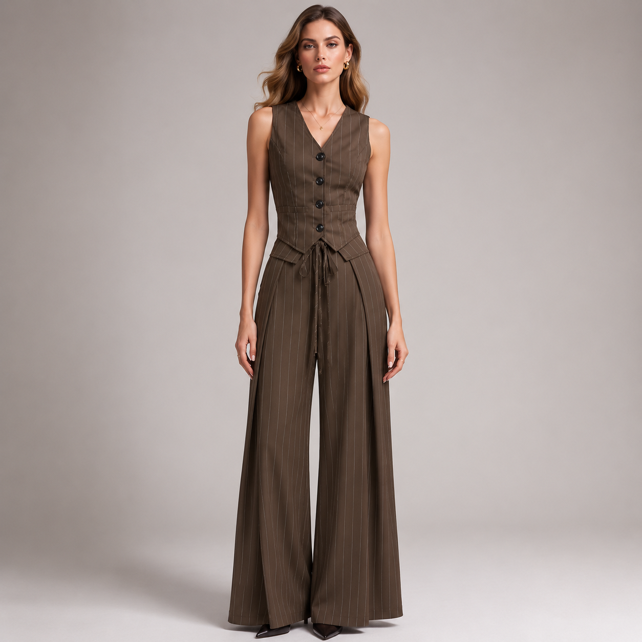 Pinstripe Cinched Waist Vest & Wide Leg Trousers 2-Piece Suit Set