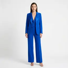 Satin Lapel Three-Piece Suit with Blazer, Vest, and Wide Leg Pants