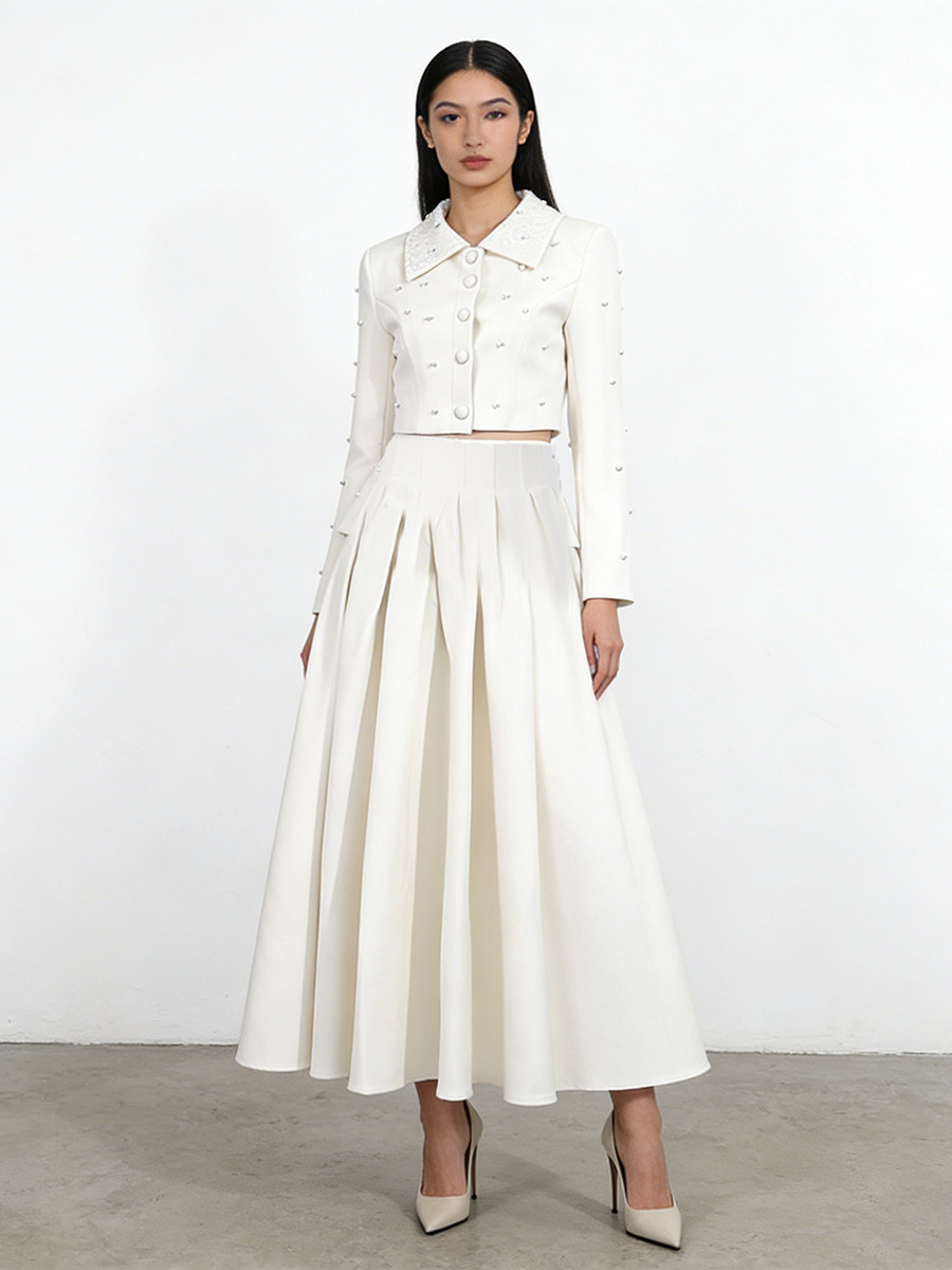 Pearl Embellished Cropped Jacket & Pleated Midi Skirt Two-Piece Set