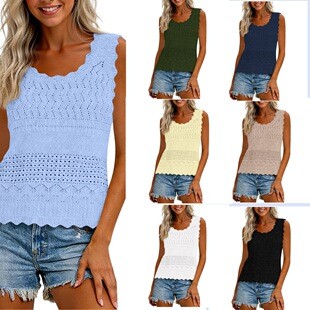 Women's Spring And Summer Cutout Knit Vest With Waves Ruffles Round Neck Breathable Outerwear And Innerwear Solid Color Sweater Innerwear