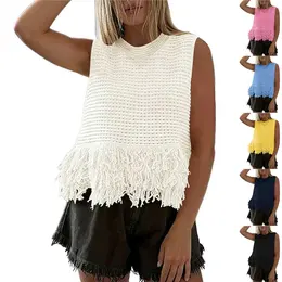 European And American Style Heavy Industry Tassel Hem Knitted Vest Solid Color Round Neck Sleeveless Outerwear Casual Versatile Short Top