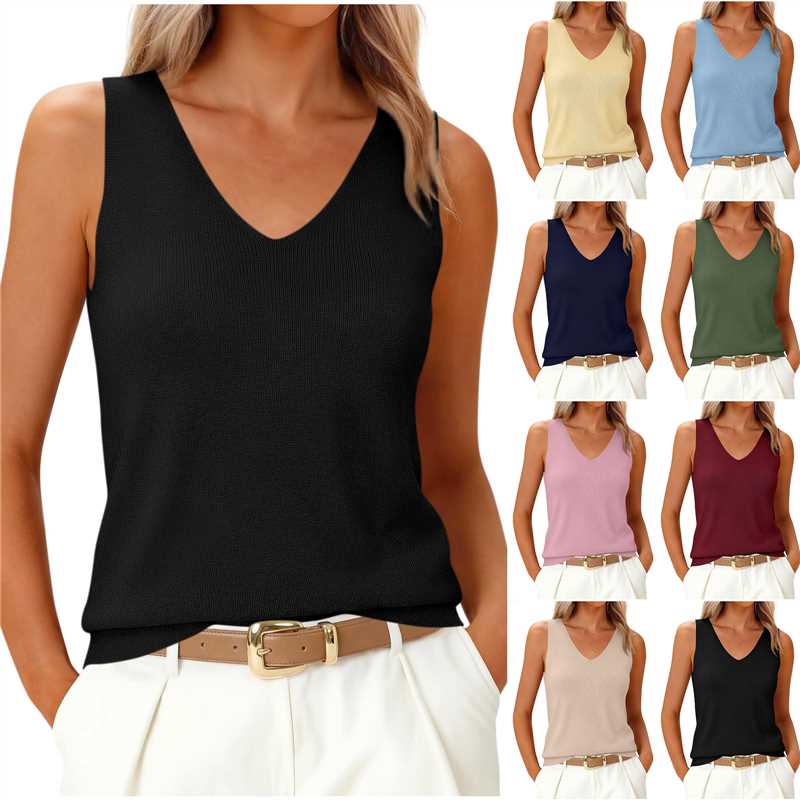Summer V-neck Knitted Camisole Vest For Women, Solid Color Slim Fit Sleeveless Base Shirt, Versatile Inner Top