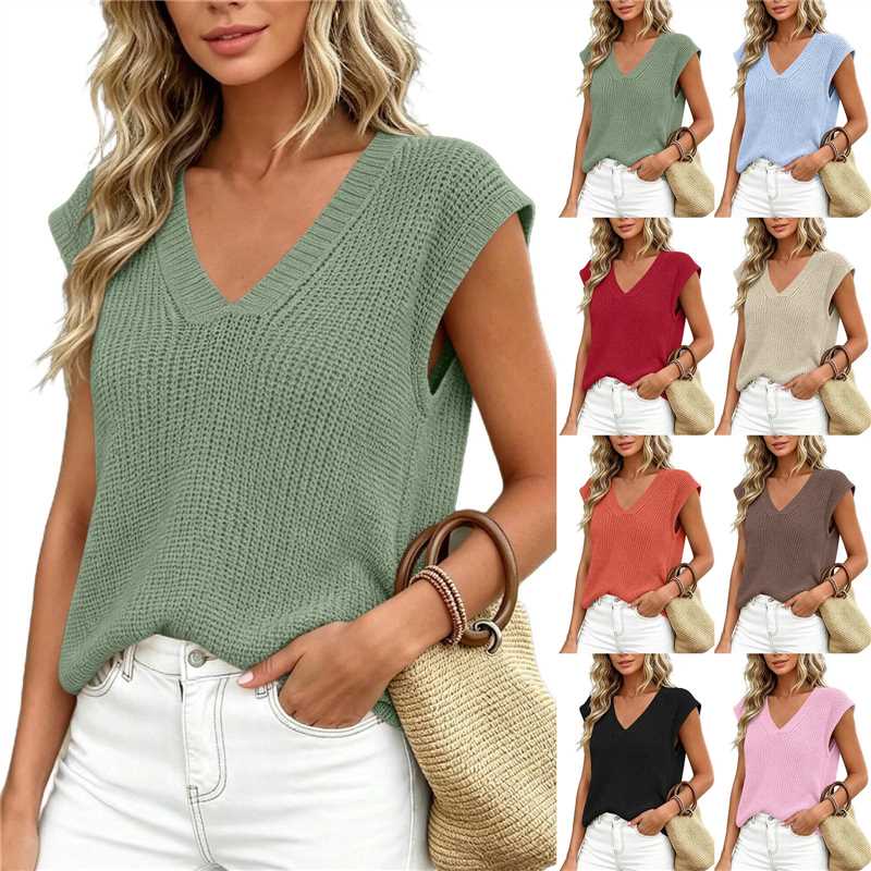 Summer Thin Knit Vest Loose Sleeveless Camisole Top V-neck Sweater Top
