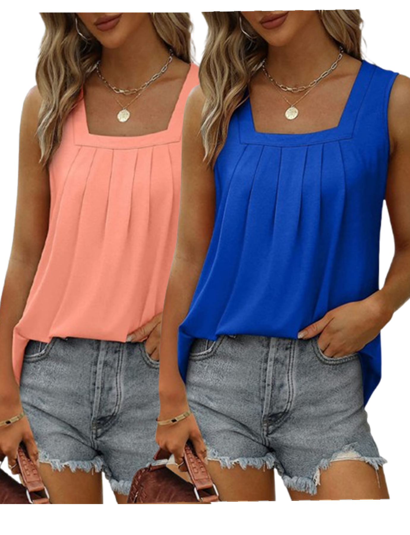 2-piece Women's Vest Pleated Square Neck Sleeveless Tuxedo Top