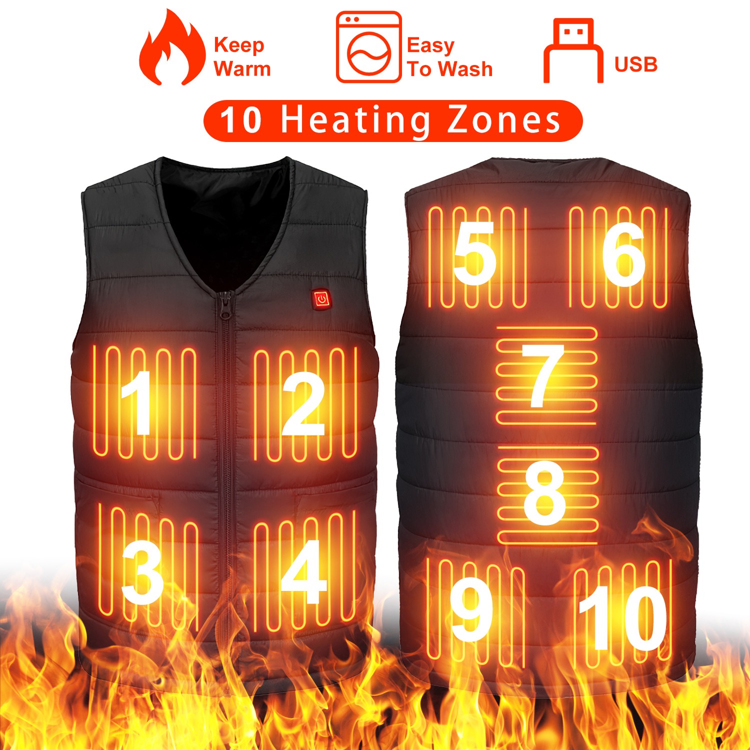 1Pc Heat Jacket Vest 3 Heating Gear Adjustable USB Heated Vest Warm Heat Coat Vest With 10 Heating Pads For Men Women Winter Outdoor Activity