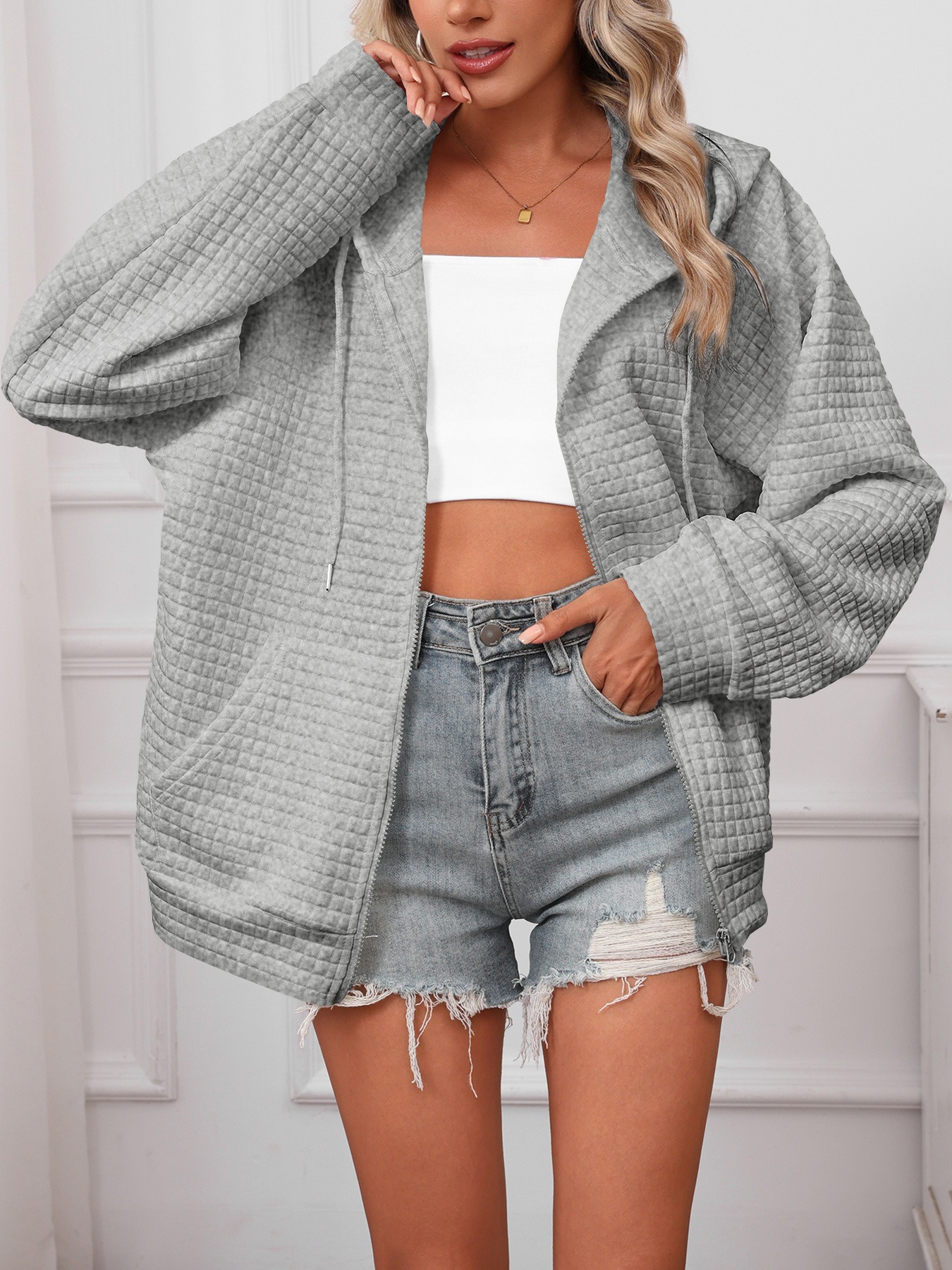 Zip-up Hooded Long Sleeve Jacket, Sporty & Casual Style