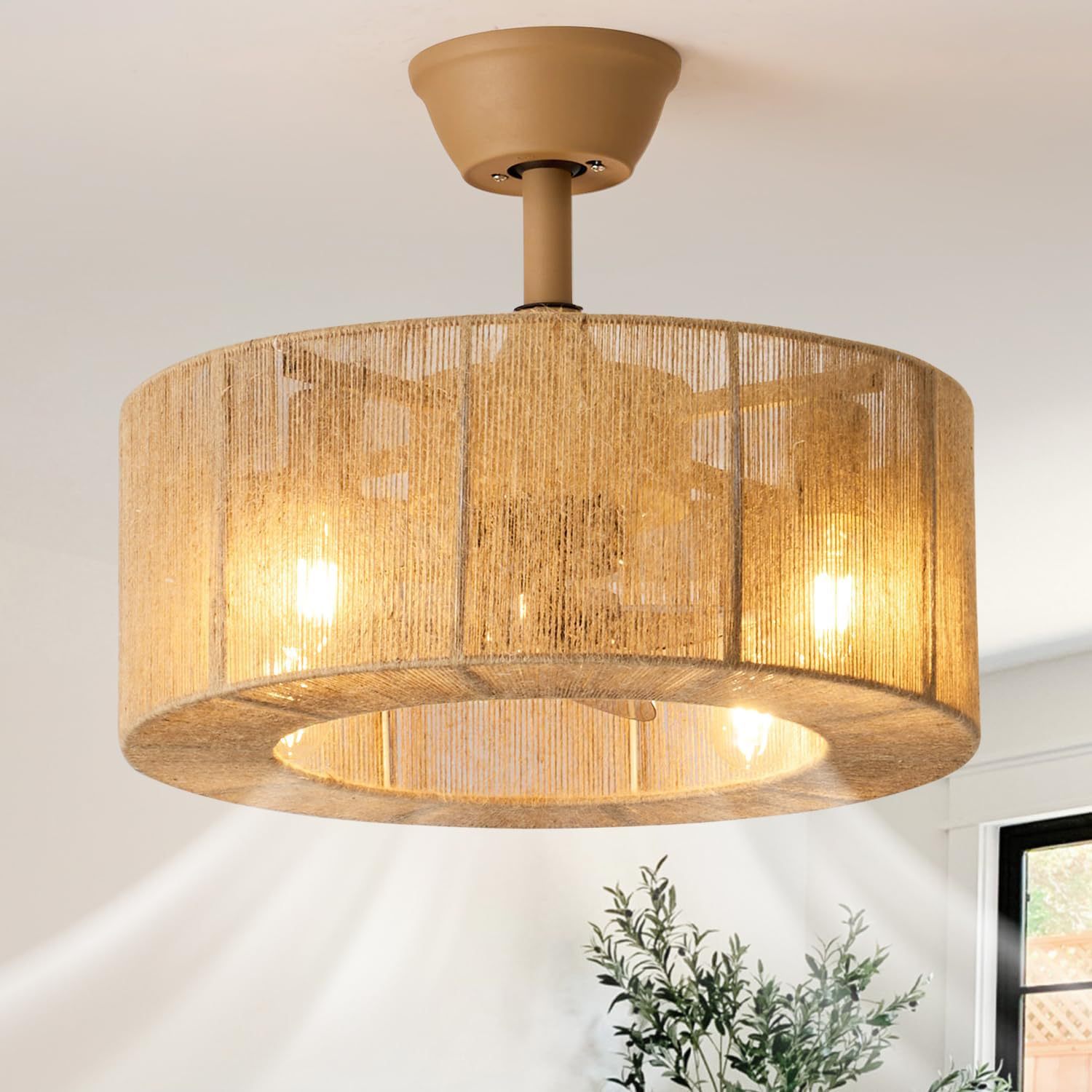 Rattan Weaving Fan Lamp Retro Living Room Restaurant Bedroom Light