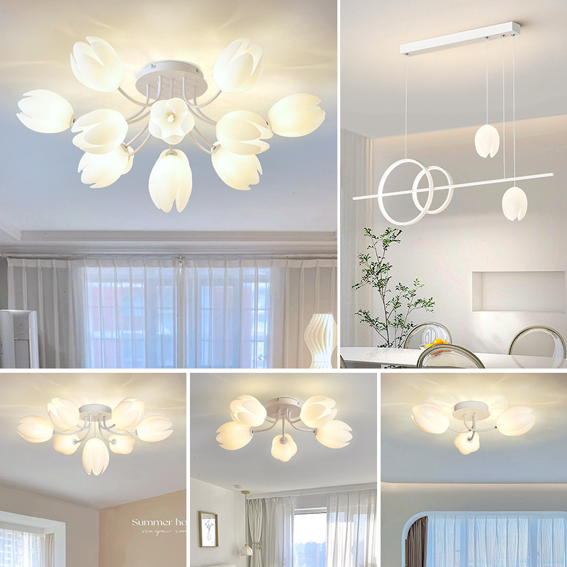 Magnolia French Cream Style Living Room Chandelier Warm Romantic Flower Room Lighting Package