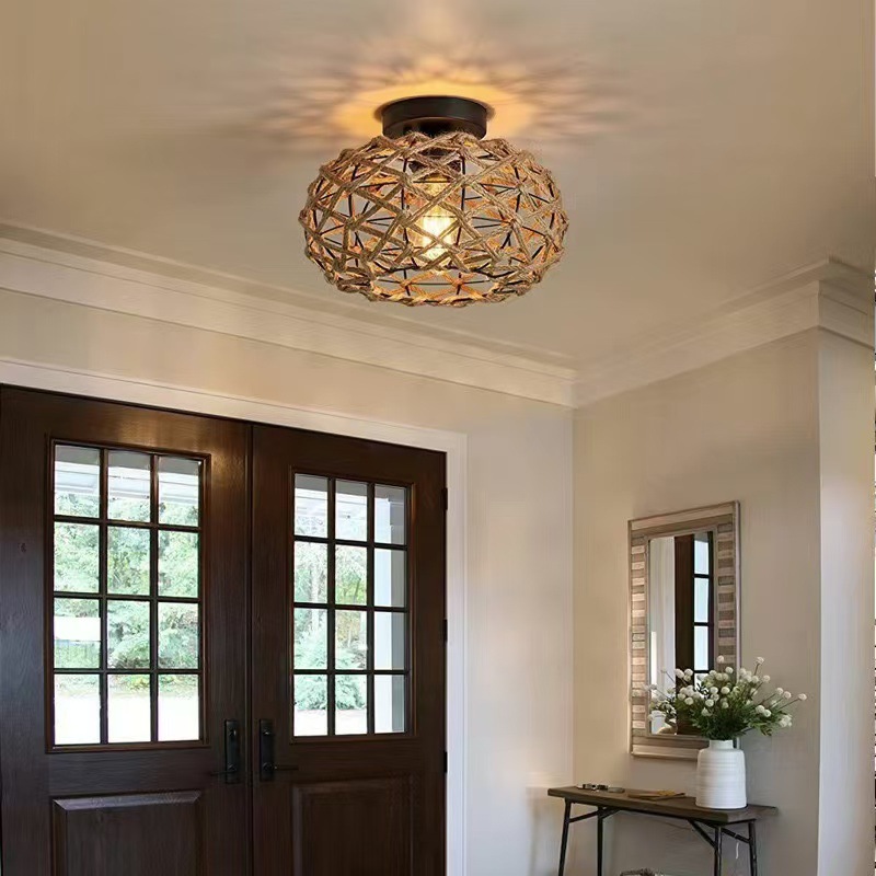 American-style Vintage Woven Jute And Paper Cord Ceiling Light