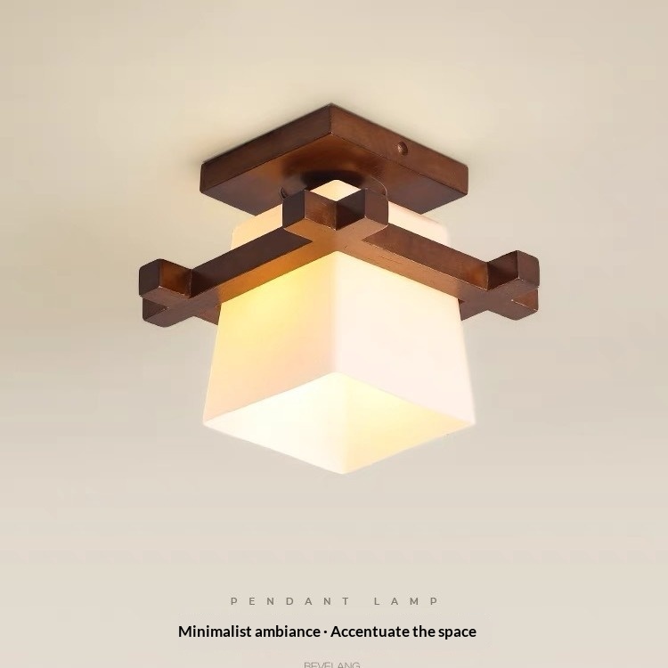 American-style Minimalist Tic-tac-toe Glass And Solid Wood Ceiling Light Modern Rustic Wooden Lighting Fixture