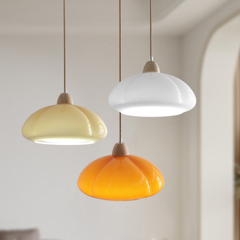 New Style Log Wood Glass Japanese-Style Retro Pendant Lamp For Bedroom And Dining Room  Pumpkin Design