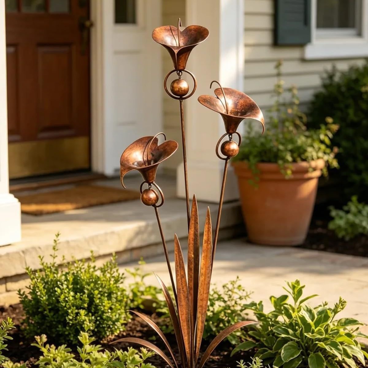 Flame-red Copper-colored Three-stemmed Calla Lily Floor Arrangement