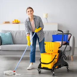 HOMECOM 6.9 Gallon Mop Bucket Swivel Arm Cart With Easy-to-use Side Pressure Swivel Arm Smooth Wheels And Mop Handle Bracket