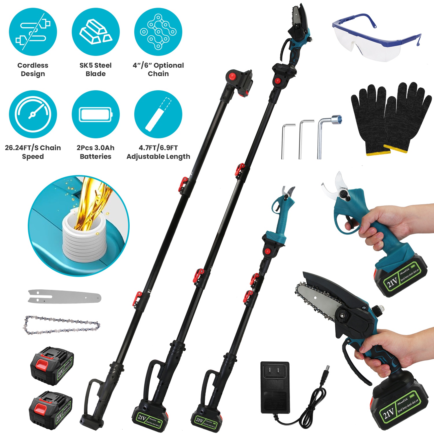 4 In 1 Cordless Pruning Shear And Electric Chainsaw With Max 5.5FT Extension Poles 4in Or 6in Pole Saw SK5 Blade Brushless Pruning Shear With 2Pcs 3.0Ah Batteries For Garden Yard