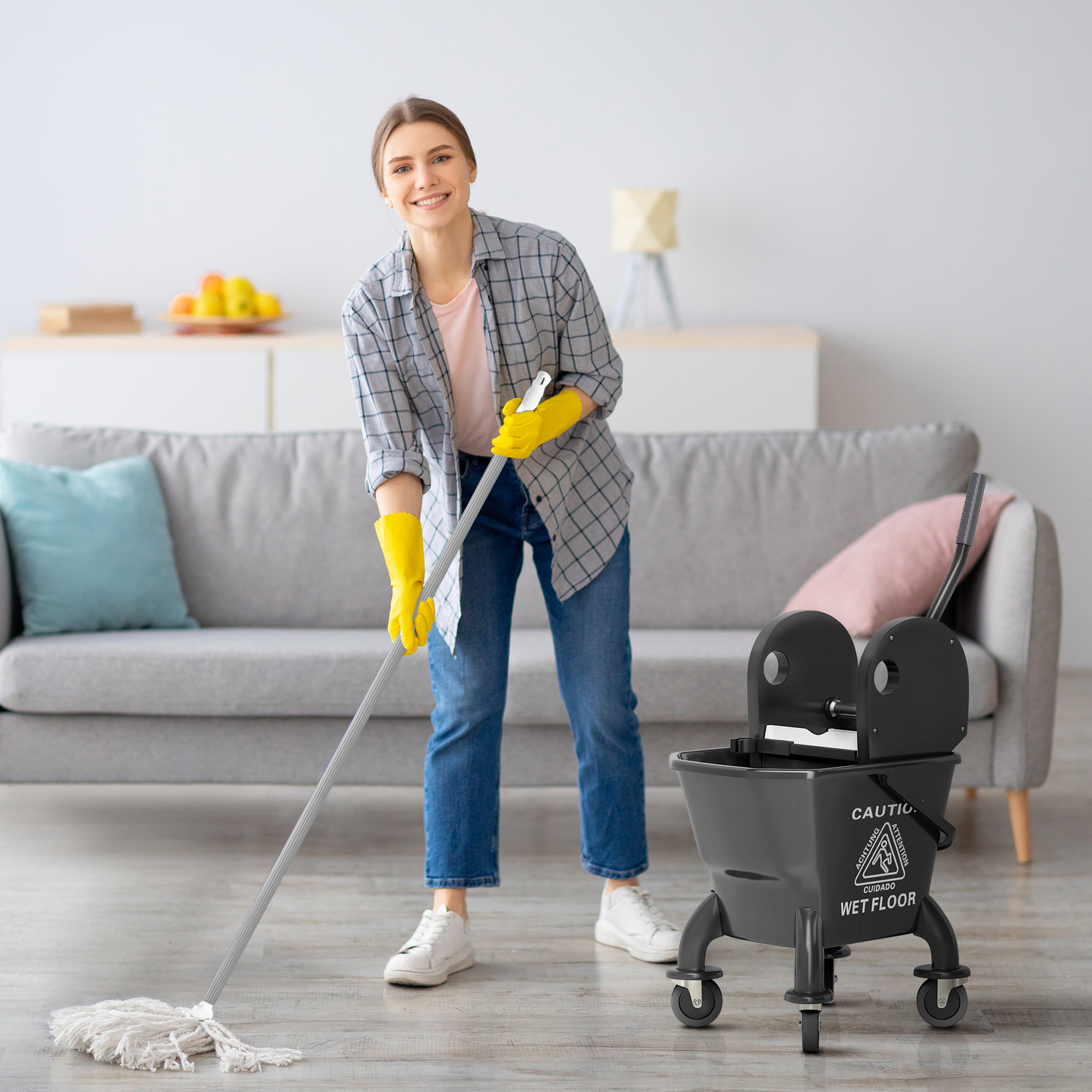 Mop Bucket with Wringer on Wheels for Floor Cleaning, 27.5 Quart Down Press Wringer with Handle and Mop, Black