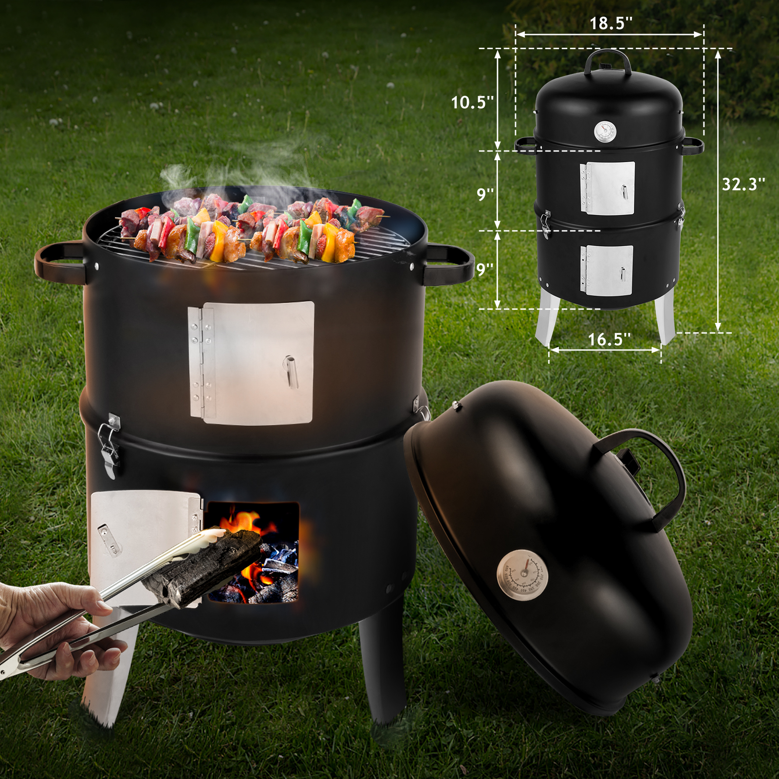 Vertical 18.5 Inch Steel Charcoal Smoker, Heavy Duty 3-in-1 Portable Outdoor Grill Cooker With Built-in Thermometer For Outdoor Cooking Grilling Camping