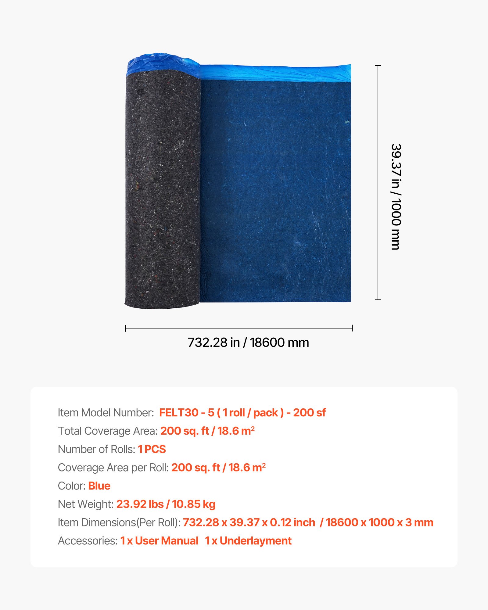 Laminate Flooring Underlayment, 200 Sq Ft Roll, 3mm Thick, Fiber/PE Film, Vapor Barrier