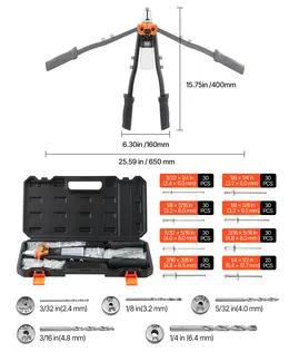 Pop Rivet Gun Kit, With 230 Blind Rivets, Two-Handed Riveter With 5 Interchangeable Nosepieces, 5 Drill Bits, And A Carrying Case, Manual Riveting Tool For Metal, Automotive, Home, And DIY