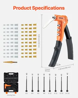 Rivet Nut Tool Kit, 9-Inch One-Handed Rivnut Tool Kit, With 8 Mandrels, A Step Drill Bit And 80 Nuts, Metric And SAE Size M3, M4, M5, M6, 6-32, 8-32, 10-24, 1/4-20 UNC, With A Carrying Case