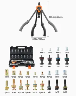 Rivet Nut Tool Kit, 17-Inch Rivnut Tool Kit, With 13 Mandrels And 130 Nuts, Metric And SAE Size M3, M4, M5, M6, M8, M10, M12, 1/2-13, 8-32, 10-24, 1/4-20, 5/16-18, 3/8-16 UNC, A Carrying Case