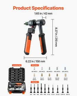 Rivet Nut Tool Kit, 9-Inch Ratchet Rivnut Tool Kit, With 10 Mandrels And 100 Nuts, Metric And SAE Size M5, M6, M8, M10, M12, 8-32, 10-24, 1/4-20, 5/16-18, 3/8-16 UNC, With A Rugged Carrying Case