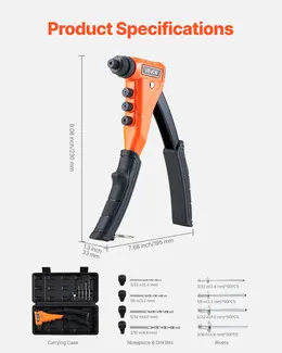 Pop Rivet Gun Kit, With 200 Blind Rivets, Heavy Duty Single Hand Riveter With 4 Interchangeable Nosepieces, 4 Drill Bits, And A Carrying Case, Manual Riveting Tool For Metal, Automotive, Home