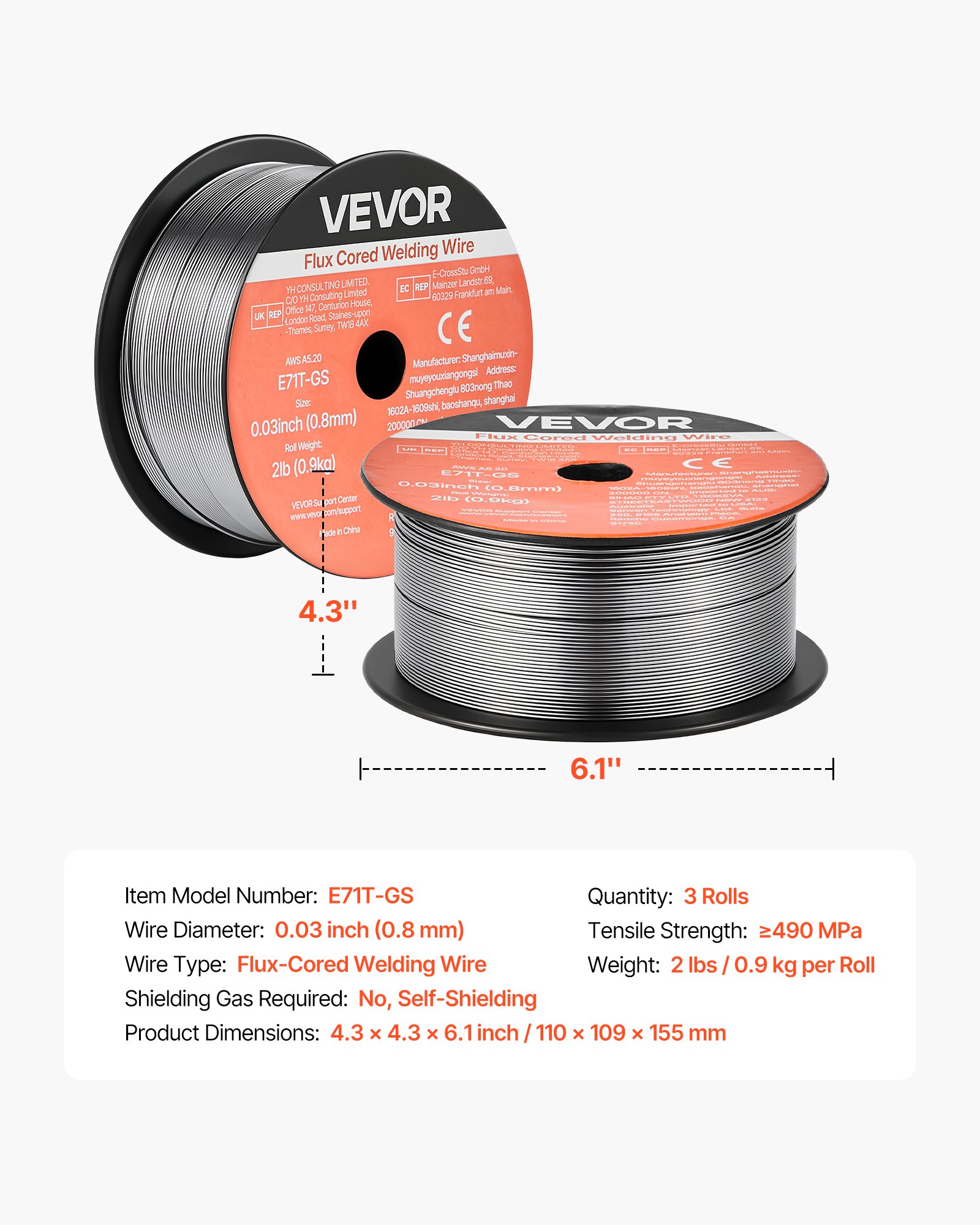 Flux Core MIG Welding Wire, E71T-GS 0.03-inch 2 LBS, Gasless Mild Steel Welding Wire With Low Spatter For All Position Arc Welding, Self-Shielded For Outdoor Use (Pack Of 3 Rolls)