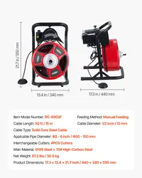 Drain Cleaner Machine, 50 FT x 1/2 Inch, Manual Feed, 2-6 Inch Pipes