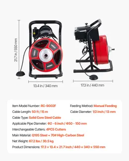 Drain Cleaner Machine, 50 FT x 1/2 Inch, Manual Feed, 2-6 Inch Pipes