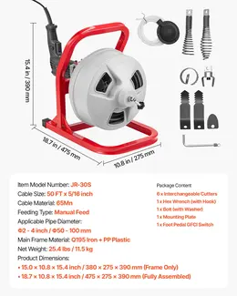 Drain Cleaner Machine 50 FT X 5/16 Inch, Sewer Snake Auger With 228RPM Electric Drill, Manual Feed Drain Cleaning Machine With 6 Cutters & Air-activated Foot Switch For 2" To 4" Pipes