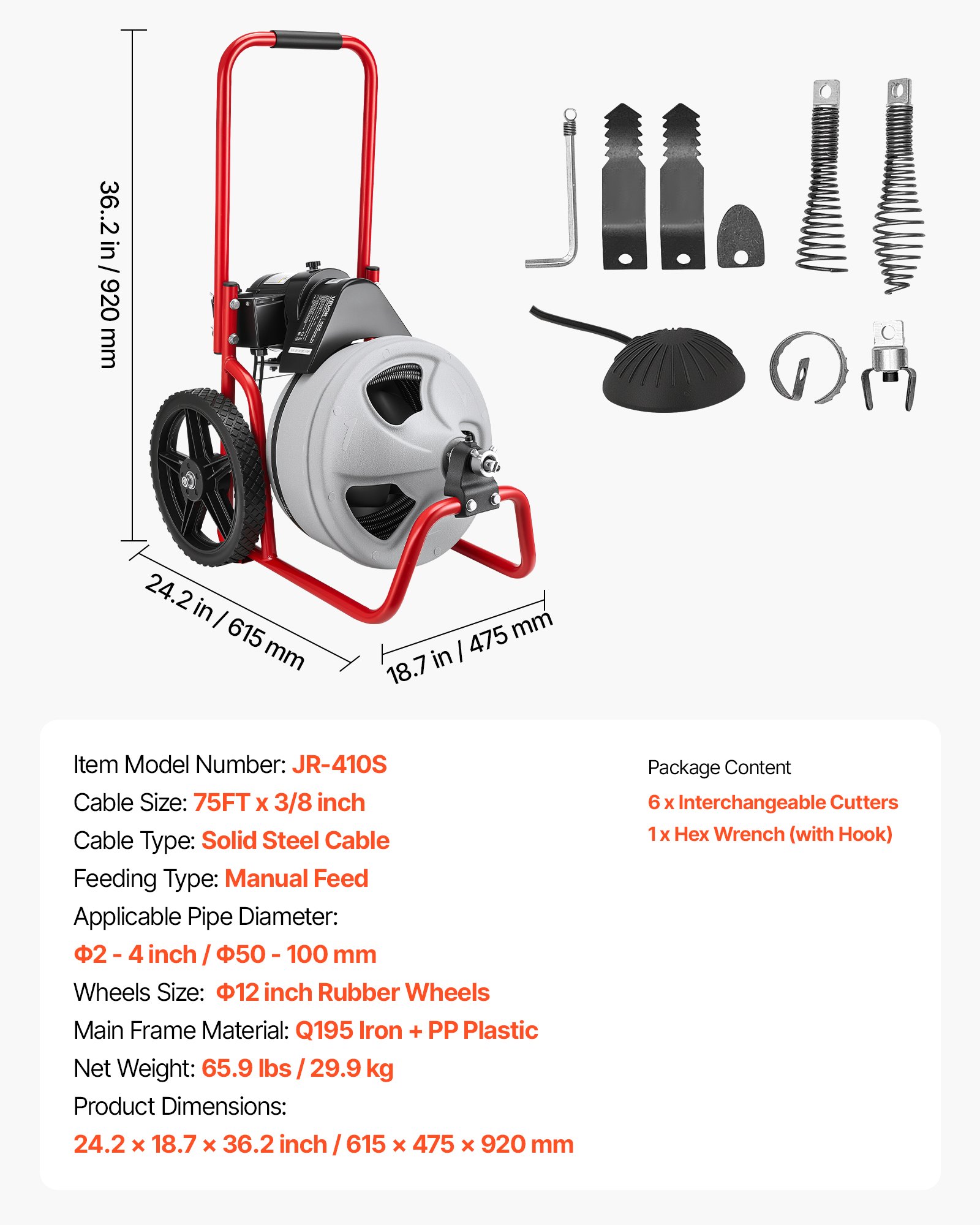 Drain Cleaner Machine 75 FT X 3/8 Inch, Sewer Snake Auger Manual Feed On Wheels, Portable Drain Cleaning Machine With 6 Cutters & Air-activated Foot Switch For 2" To 4" Pipes