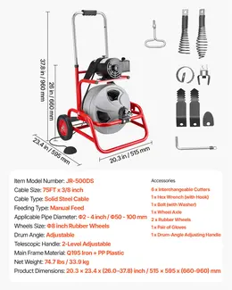 Drain Cleaner Machine, 75 ft x 3/8 in Cable, Manual Feed, 6 Cutters, Air Foot Switch, 2-4 in Pipes