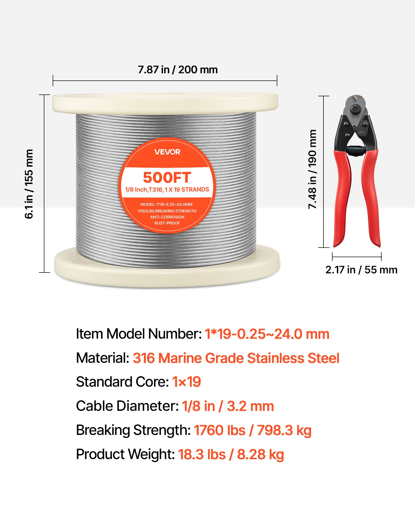 1/8 Inch Wire Rope, 500 Ft Length, 316 Stainless Steel Wire Cable With Cutter, 1760 Lbs Breaking Strength, 1 X 19 Strands Construction, Steel Cable For Deck Railing System, Garden Trellis