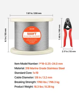 1/8 Inch Wire Rope, 500 Ft Length, 316 Stainless Steel Wire Cable With Cutter, 1760 Lbs Breaking Strength, 1 X 19 Strands Construction, Steel Cable For Deck Railing System, Garden Trellis