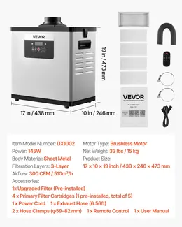 Solder Fume Extractor, 4-Stage Filtration, 510 M³/h, 10-Speed, Remote Control