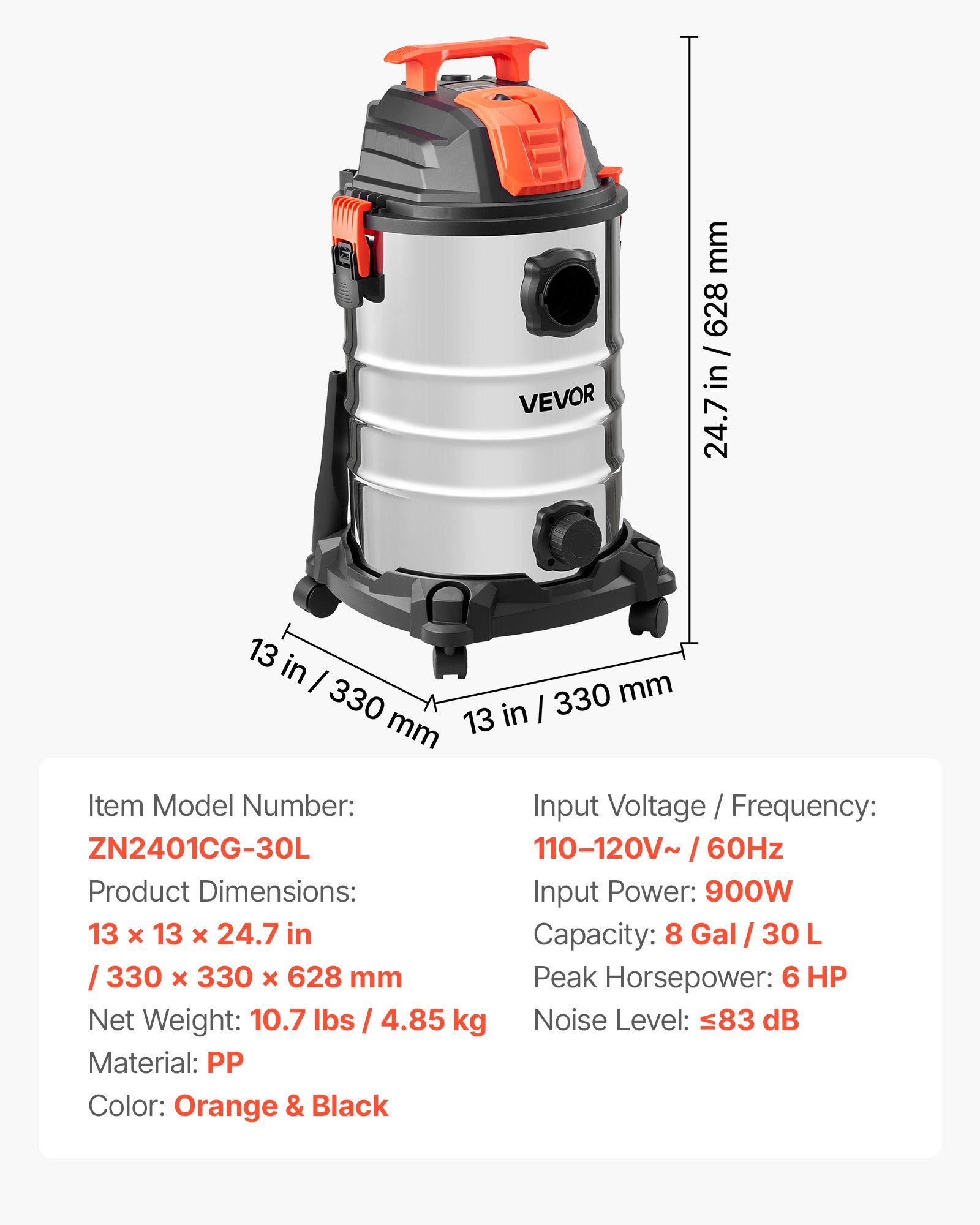 Shop Vac, 8 Gallon Wet Dry Shop Vacuum, 6 Peak With One-Button Self-Cleaning, Dual-Filter, 900W Input Power, 1.25in X 7ft Hose, 9.8ft Cord, Metal Tank For Jobsite, Workshop, Garage, Home