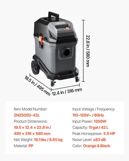 Commercial Shop Vac, 11 Gallon Wet Dry Shop Vacuum, 5.5 Peak HP Portable With One-Button Self-Cleaning, 1350W Input, 1.25in X 7ft Hose, 20ft Cord, Industrial-Grade For Jobsite, Workshop