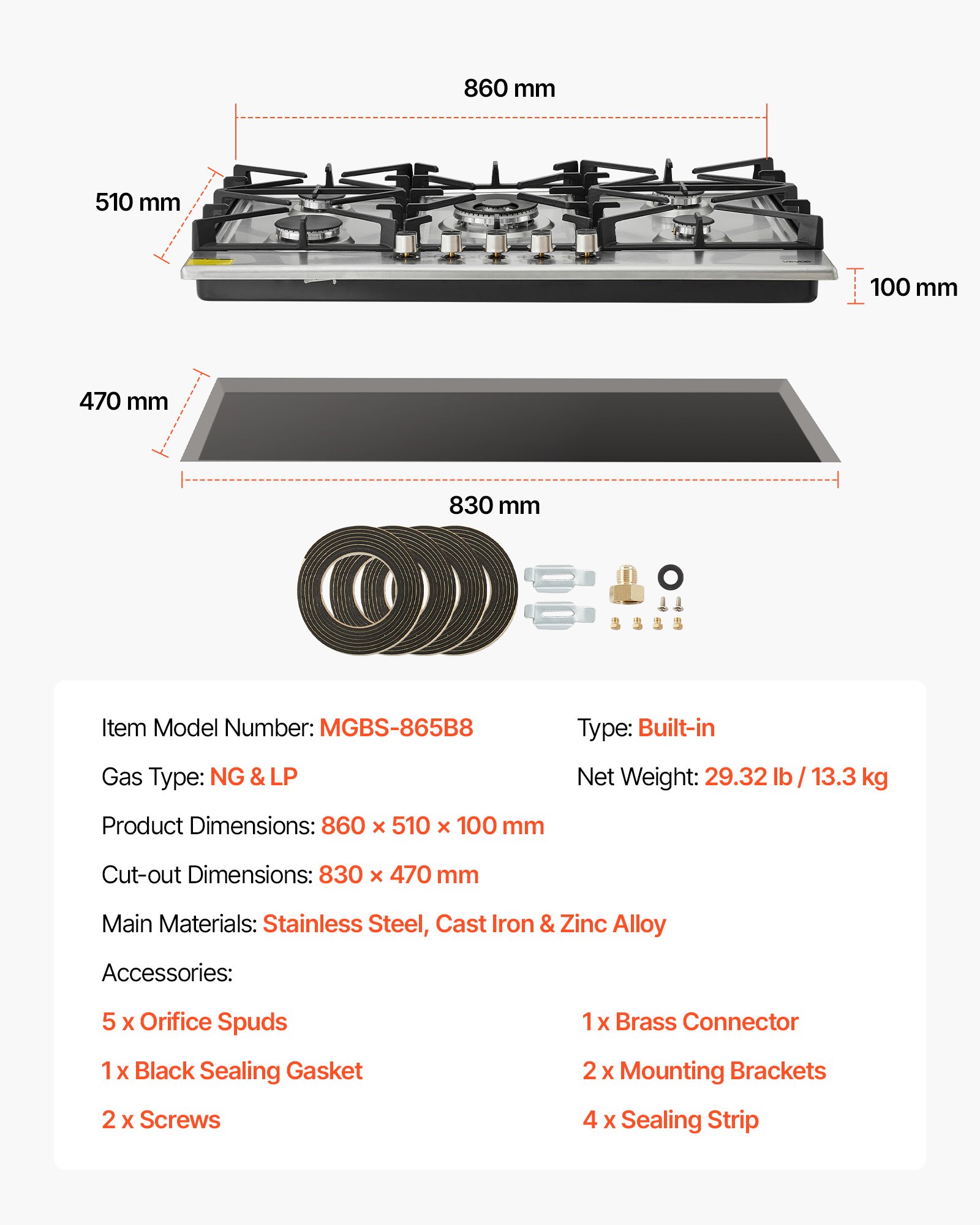 36 Inch Gas Cooktop 5 Burners Gas Stove Top, Max 38300BTU Built-in Stainless Steel Stove Top LPG/NG Convertible Dual Fuel Cooktop Stoves With SABAF Dual-Ring Burner For Kitchen Apartment Rvs