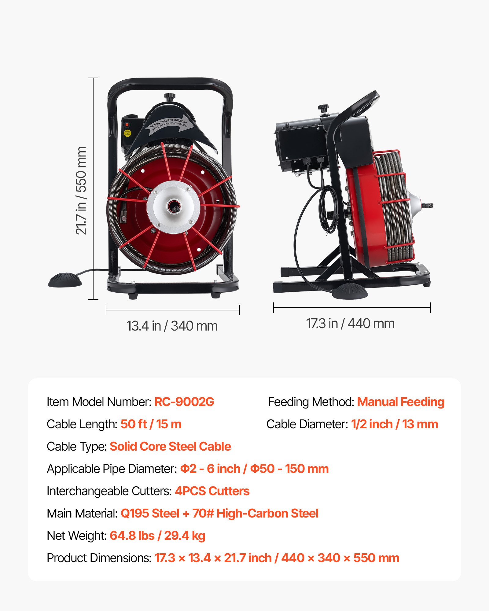 Drain Cleaner Machine 50 FT X 1/2 Inch, Sewer Snake Auger Manual Feed With 4 Cutters & Air-activated Foot Switch For 2" To 6" Pipes