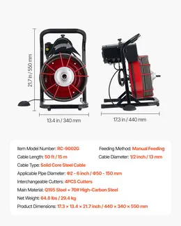 Drain Cleaner Machine, 50 ft x 1/2 in. Auger, 4 Cutters, Foot Switch, 2-6 in. Pipes