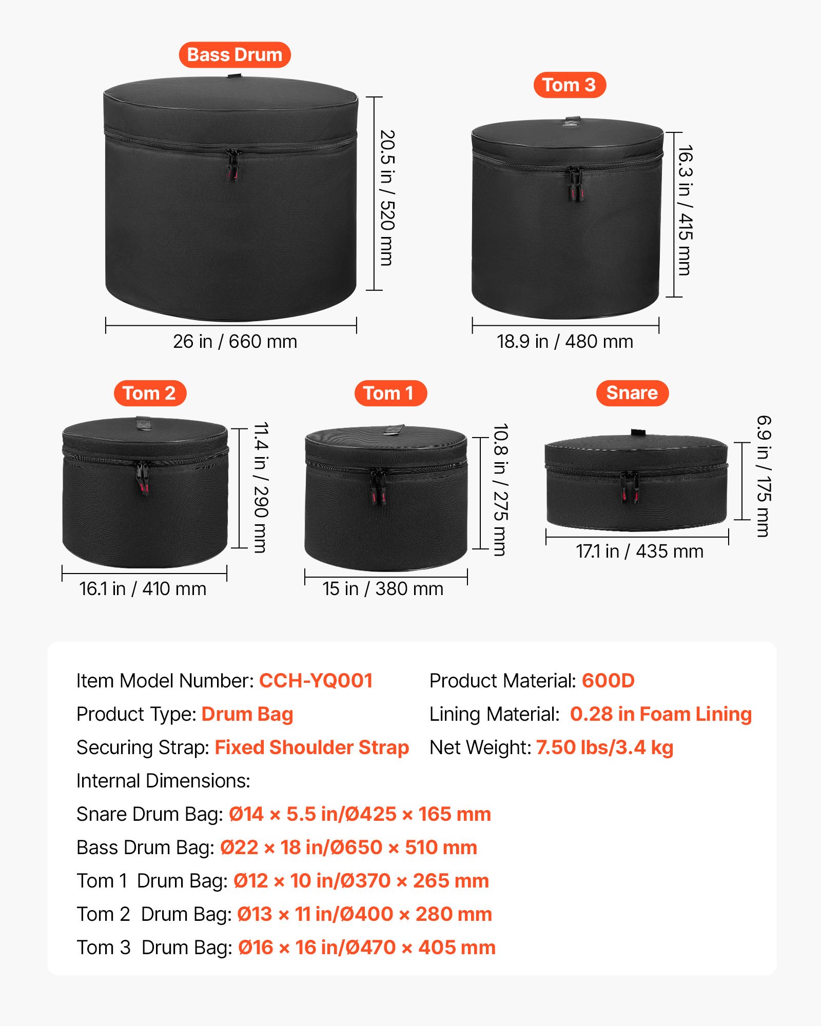 5-Piece Drum Case Set, 600D, Padded Drum Bags For 22 In Bass, 12/13/16 In Tom, 14 In Snare, Thick Padding, Lightweight Protective Covers Travel Storage Cases, For Drums Accessories Protection