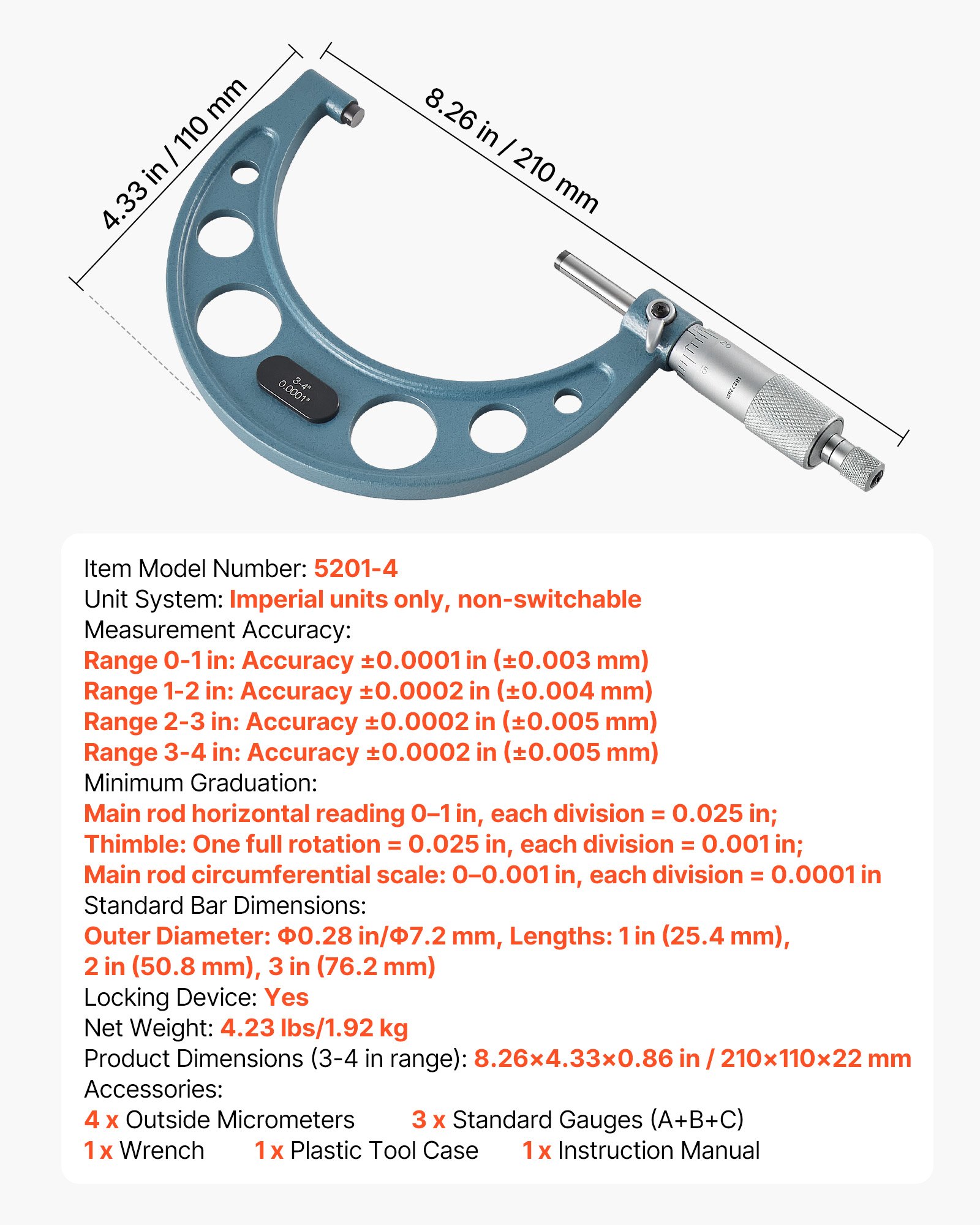 4 PCS Micrometer Set, 0-1"/1-2"/2-3"/3-4" Machinist Outside Micrometer, Ultra-Precision 0.0001 Accuracy, Professional Machinist Tools With Protective Case, For Metalworking & Engineering