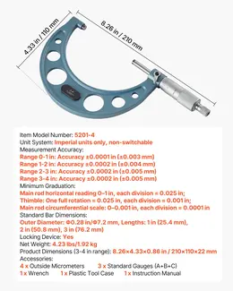 Product image of 4-Piece Outside Micrometer Set, 0-1", 1-2", 2-3", 3-4", 0.0001" Accuracy, with Case