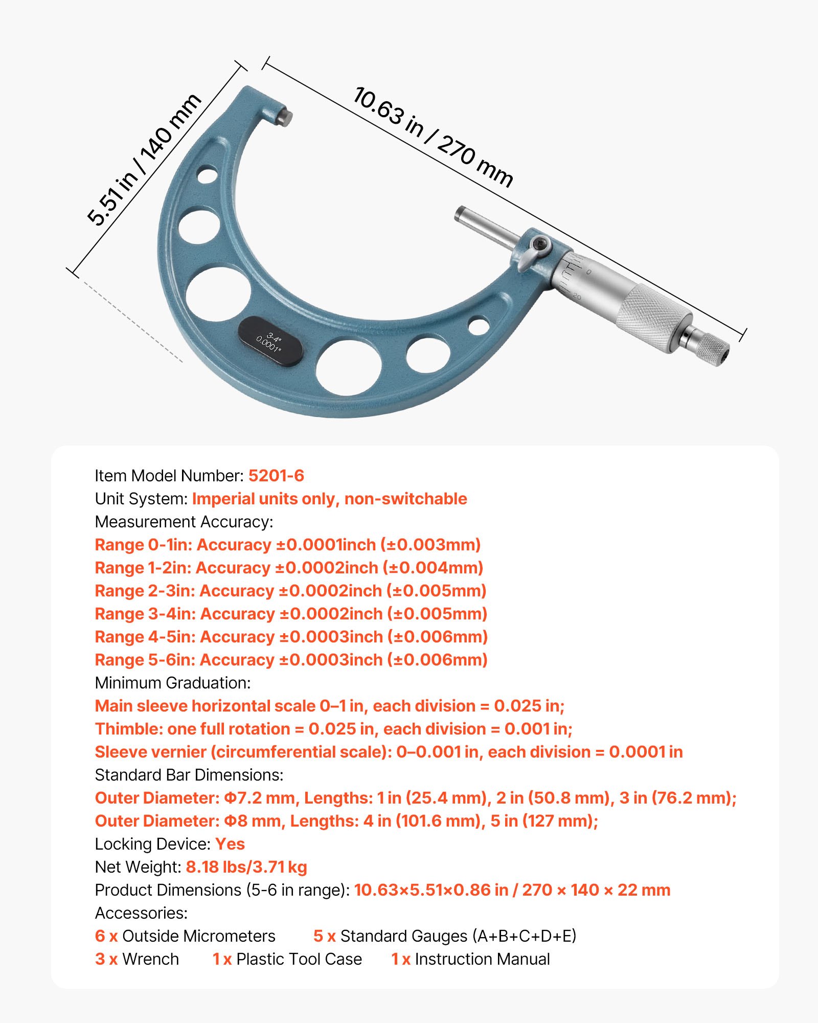 6 PCS Micrometer Set, 0-1"/1-2"/2-3"/3-4"/4-5"/5-6" Machinist Outside Micrometer, Precision 0.0001 Accuracy, Professional Machinist Tools With Protective Case, For Metalworking & Engineering