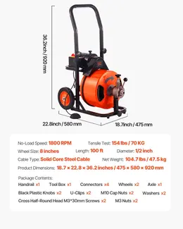 Drain Cleaner Machine, 100 ft x 1/2 in, Auto-Feed, Wheeled, 4 Cutters, Foot Switch, 2-6 in Pipes