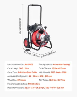 Product image of Drain Cleaner Machine, 50 ft x 1/2 in. Auto-Feed Auger, 2-6 in. Pipes