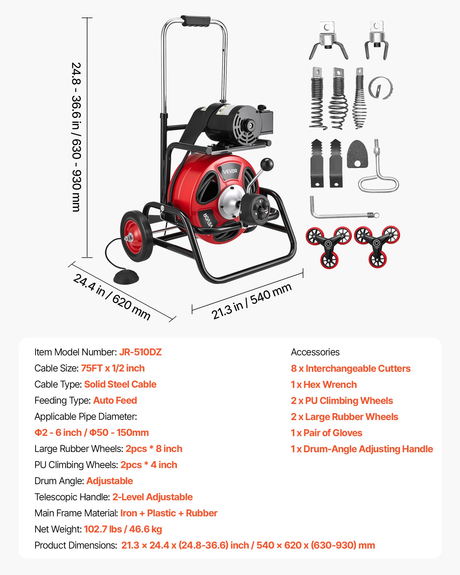 Drain Cleaner Machine 75 FT X 1/2 Inch, Auto Feed Sewer Snake Auger, Portable Drain Cleaning Machine With Climbing Wheels, Adjustable Drum, 8 Cutters & Foot Switch For 2" To 6" Pipes