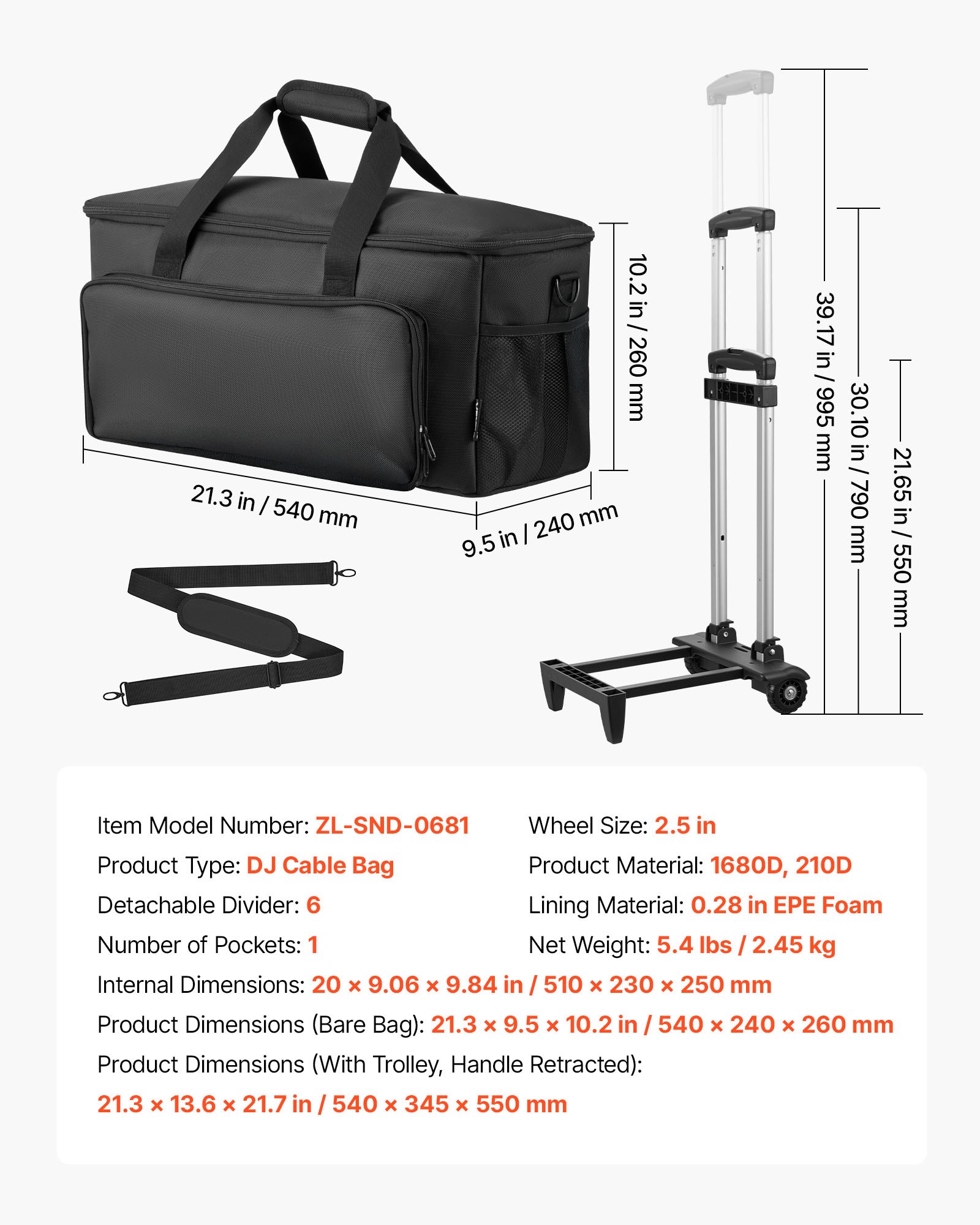 Rolling DJ Cable Bag, 1680D, Padded File Gig Bag With Wheels, 6 Detachable Divider, Travel Storage Music Gear Case, For Professional DJ Gear, Musical Instrument And Accessories, Sound Equipment