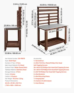 Potting Bench Table, Outdoor Gardening Workstation With 45 X 26 In Stainless Steel Tabletop, Storage Shelves, 4 Casters, Hooks, Garden Planting Work Station For Outside Patio, Backyard, Brown