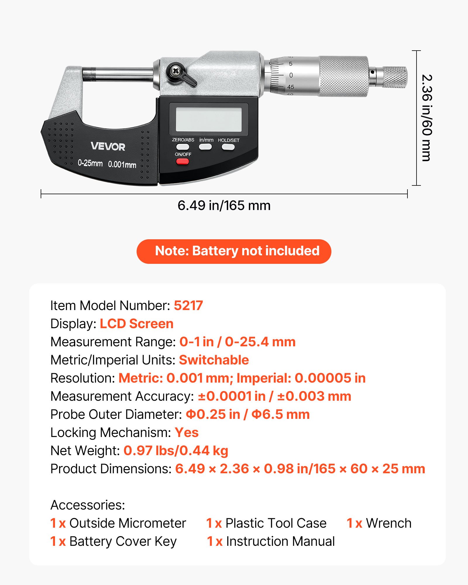 Micrometer Set, Digital Outside Micrometer 0-1 Inch Measuring Range, 0.00005" Resolution, Ultra-Precision 0.0001 Accuracy, LCD Screen, In/mm Switch, Carbide Tip, With Protective Case